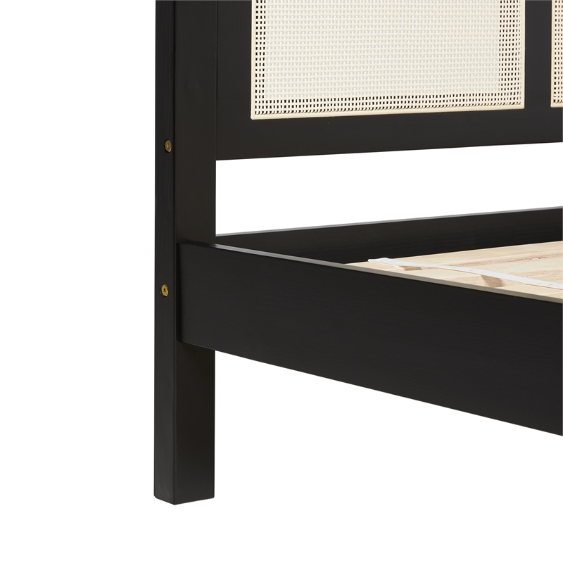 Pemberly Row Solid Wood Rattan Headboard Queen Bedframe - Black
