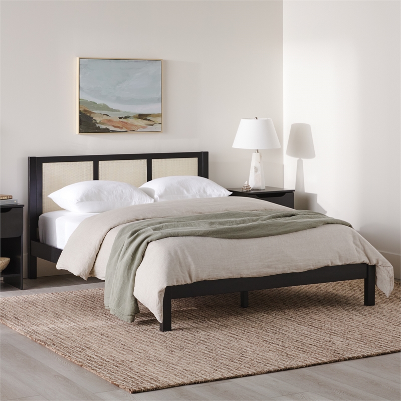 Pemberly Row Solid Wood Rattan Headboard Queen Bedframe - Black
