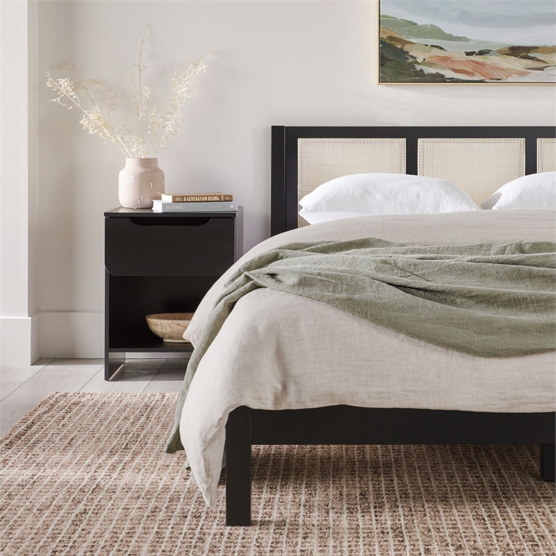 Pemberly Row Solid Wood Rattan Headboard Queen Bedframe - Black
