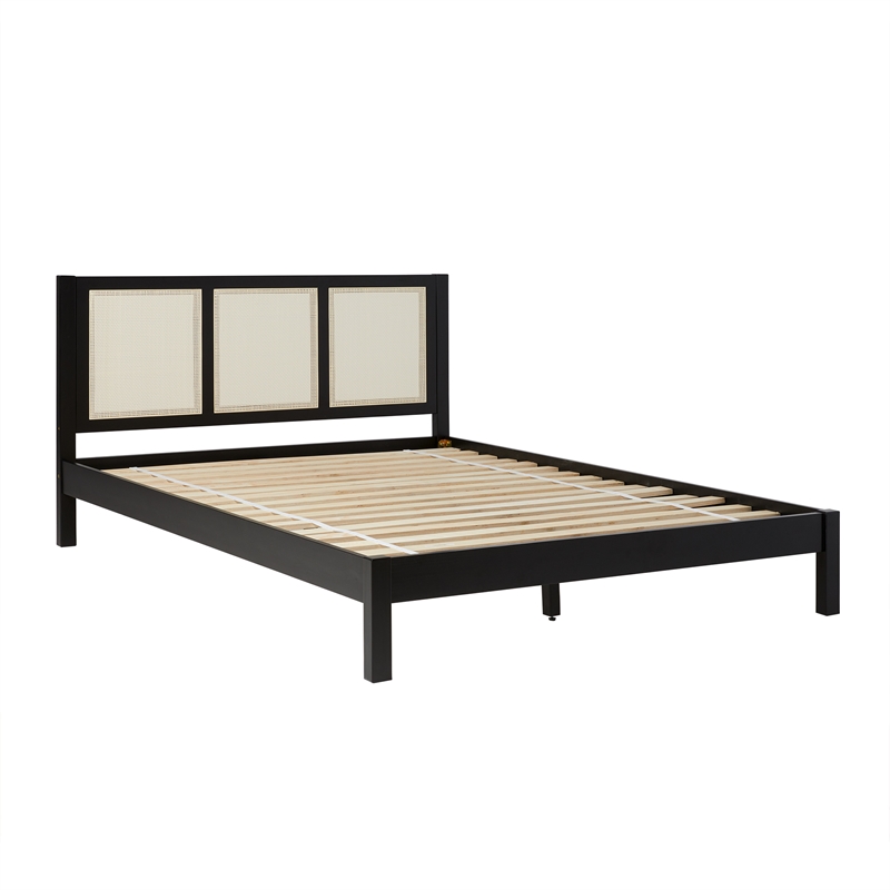 Pemberly Row Solid Wood Rattan Headboard Queen Bedframe - Black