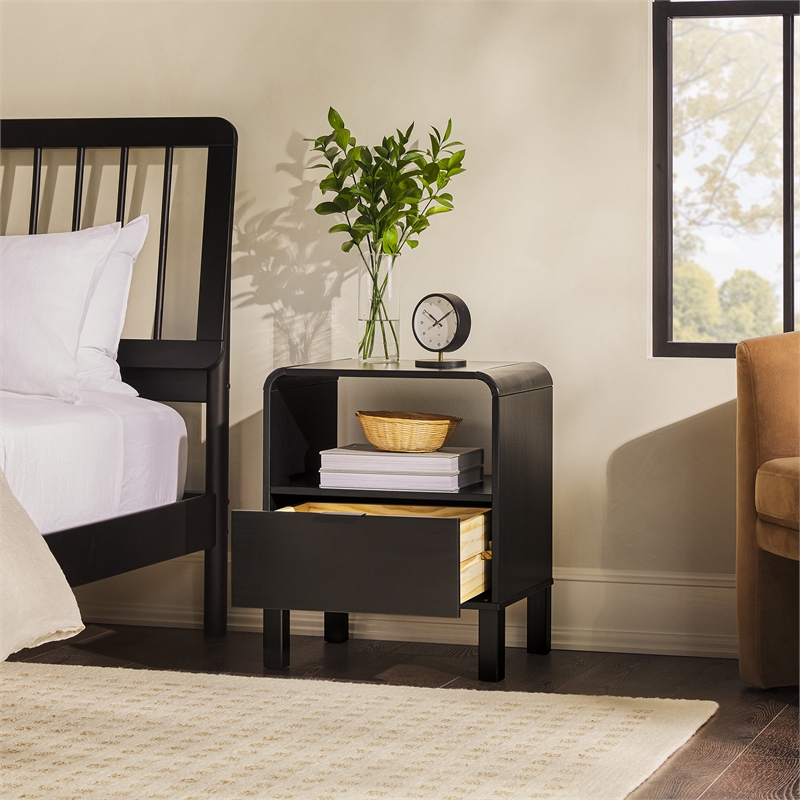 Pemberly Row 1-Drawer Wood Nightstand with Rounded Edge in Black