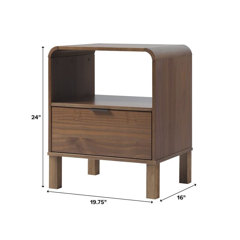 Pemberly Row 1-Drawer Wood Nightstand with Rounded Edge in Brown