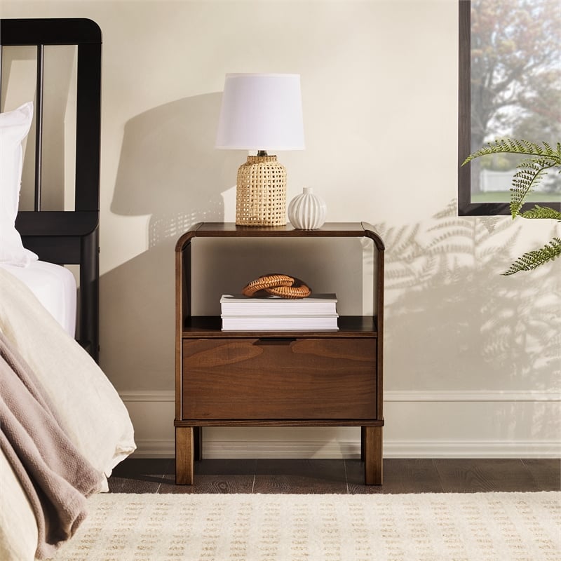 Pemberly Row 1-Drawer Wood Nightstand with Rounded Edge in Brown