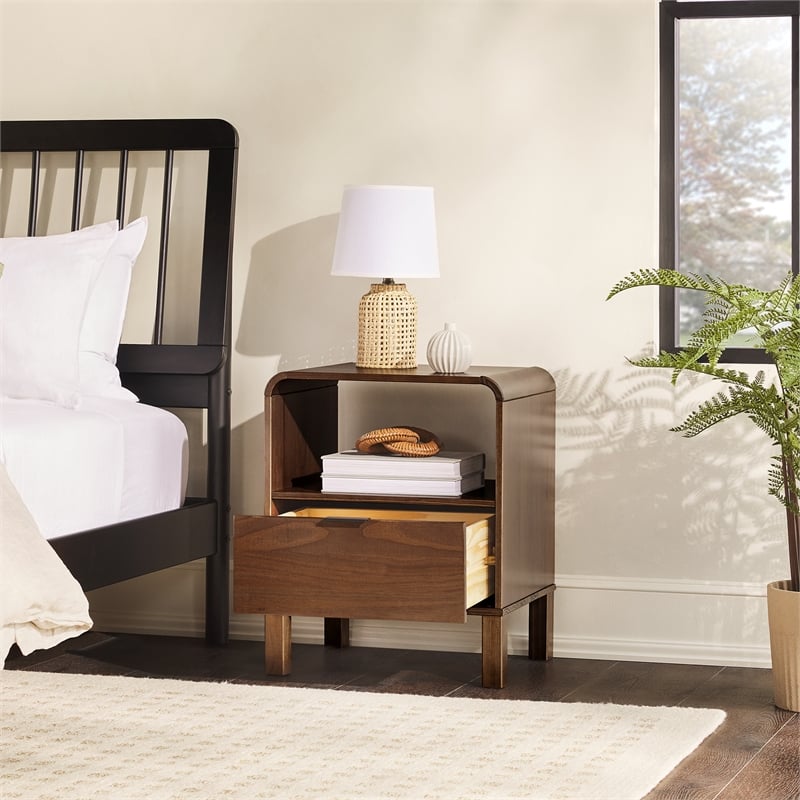 Pemberly Row 1-Drawer Wood Nightstand with Rounded Edge in Brown