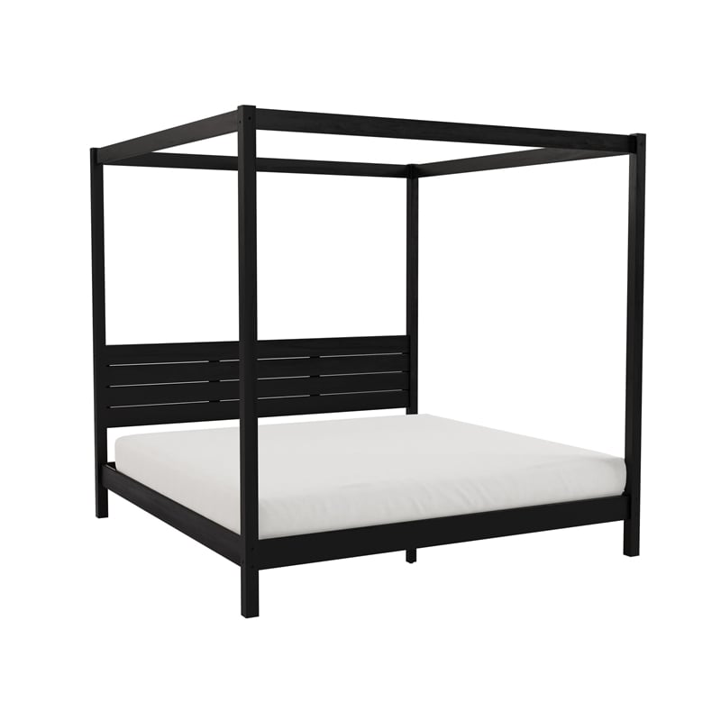 Pemberly Row Wood King Size Canopy Bed with Slatted Headboard in Black