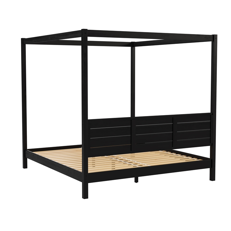 Pemberly Row Wood King Size Canopy Bed with Slatted Headboard in Black
