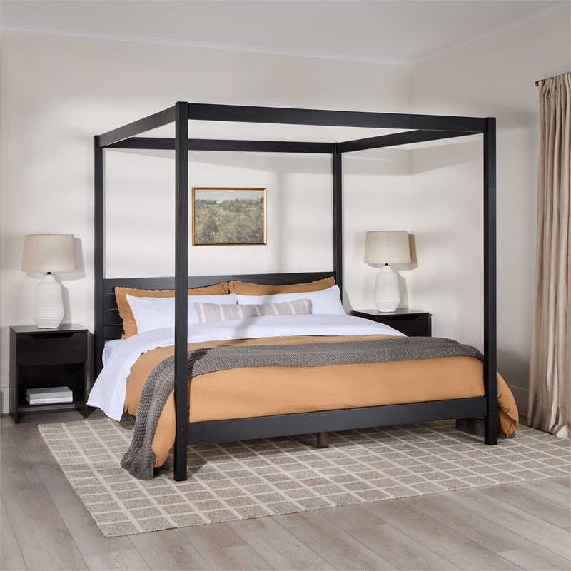 Pemberly Row Wood King Size Canopy Bed with Slatted Headboard in Black