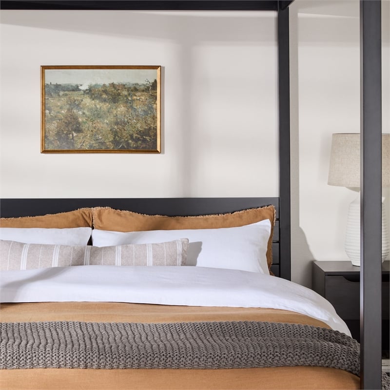 Pemberly Row Wood King Size Canopy Bed with Slatted Headboard in Black