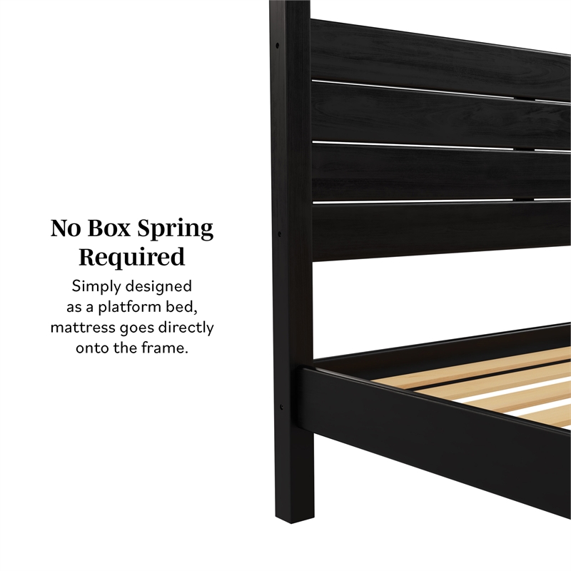 Pemberly Row Wood King Size Canopy Bed with Slatted Headboard in Black