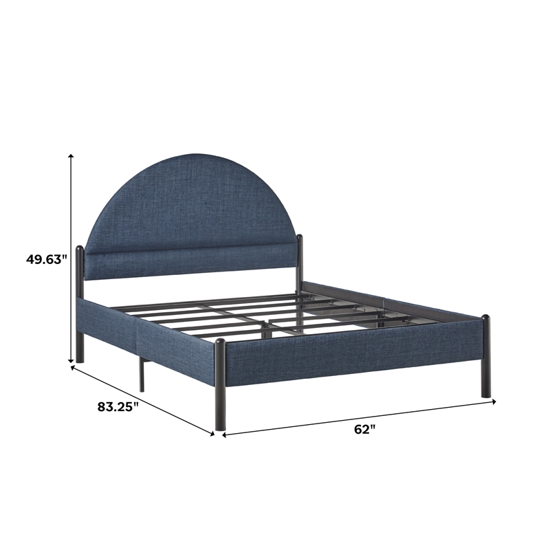 Pemberly Row Upholstered Metal Queen Bed with Arched Headboard in Blue