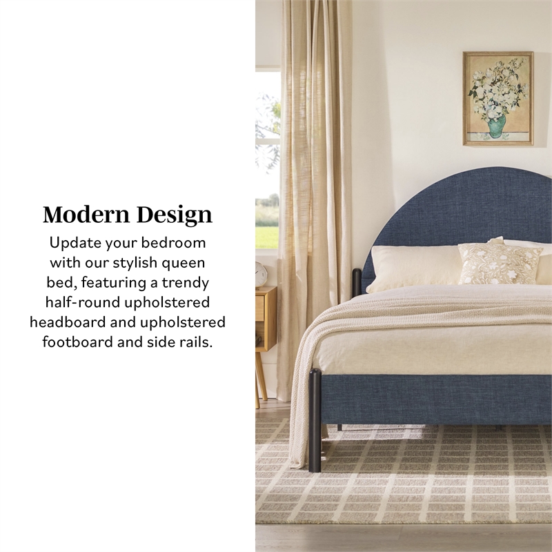 Pemberly Row Upholstered Metal Queen Bed with Arched Headboard in Blue