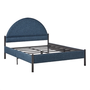 Pemberly Row Upholstered Metal Queen Bed with Arched Headboard in Blue