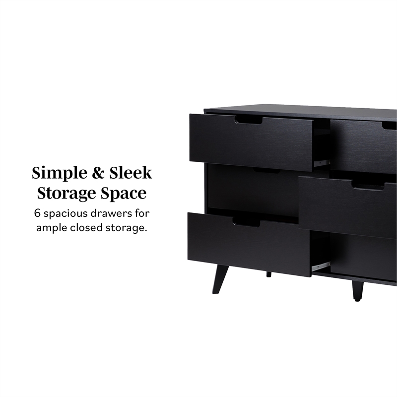 Pemberly Row Simple Wood 6 Drawer Dresser with Cut Out Handles - Black