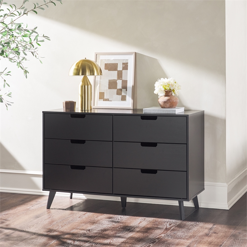 Pemberly Row Simple Wood 6 Drawer Dresser with Cut Out Handles - Black