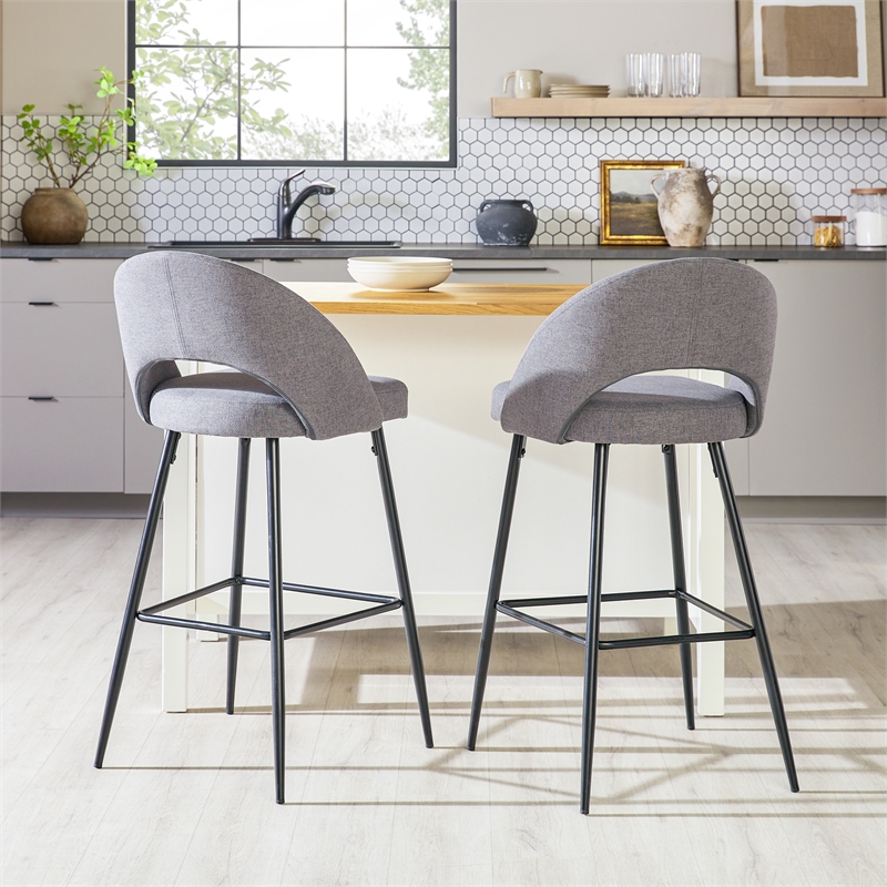 Pemberly Row Upholstered Metal Bar Stool with Rounded Back in Charcoal