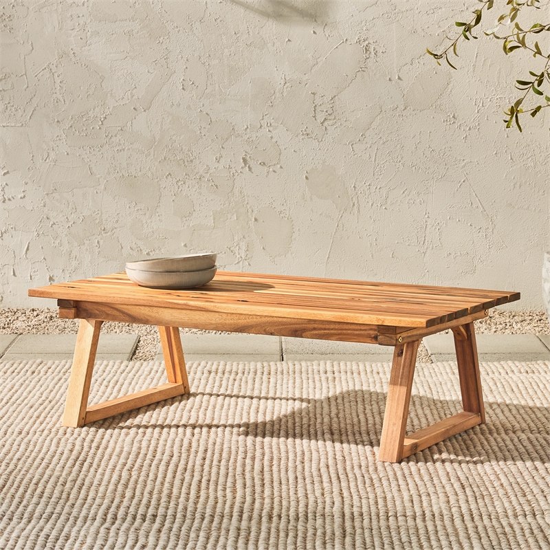 Pemberly Row Modern Slat Back Outdoor Solid Wood Coffee Table - Natural