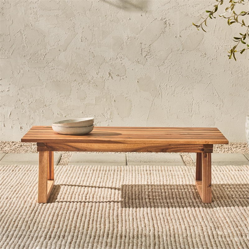 Pemberly Row Modern Slat Back Outdoor Solid Wood Coffee Table - Natural