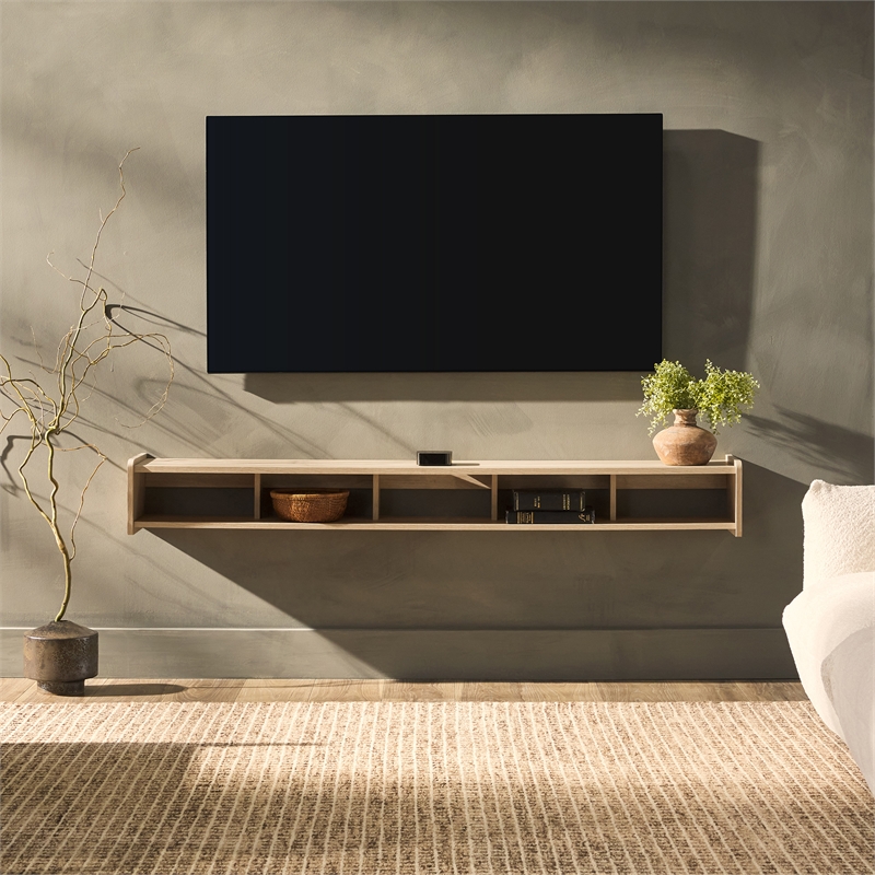 Pemberly Row Simple Floating 70 inch Wood TV St& Symmetrical Wall Mounted - Oak
