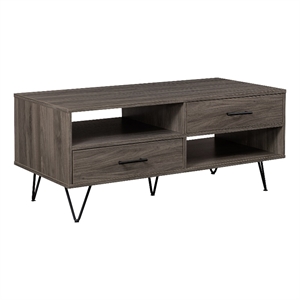 Pemberly Row 42&quot 2-Drawer Wood Coffee Table w/ Hairpin Legs - Slate Gray/ Black