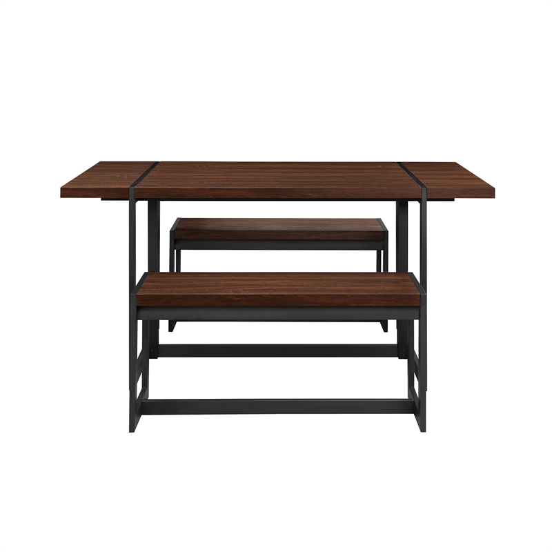 Pemberly Row 3Pcs Wood Industrial Dining Set w/2 Benches in Dark Walnut/Black
