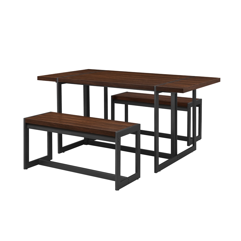 Pemberly Row 3Pcs Wood Industrial Dining Set w/2 Benches in Dark Walnut/Black