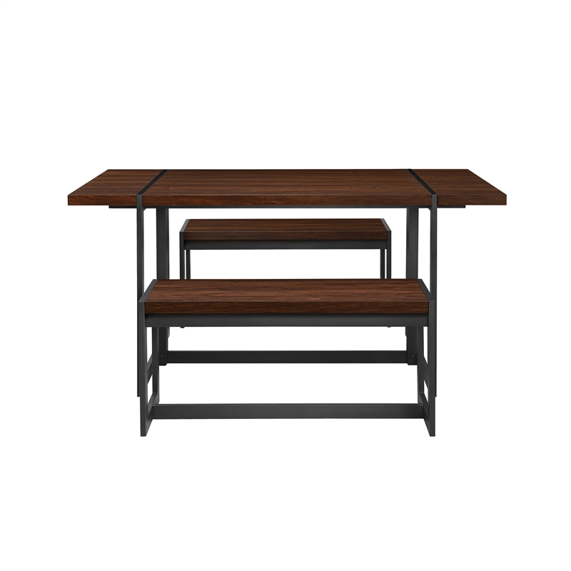 Pemberly Row 3Pcs Wood Industrial Dining Set w/2 Benches in Dark Walnut/Black