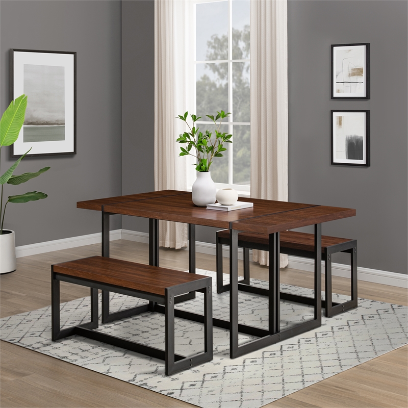 Pemberly Row 3Pcs Wood Industrial Dining Set w/2 Benches in Dark Walnut/Black