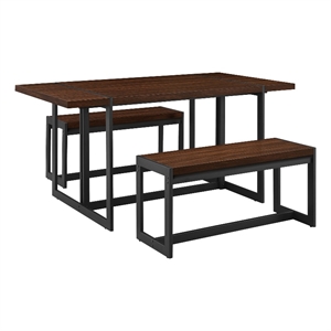 Pemberly Row 3Pcs Wood Industrial Dining Set w/2 Benches in Dark Walnut/Black