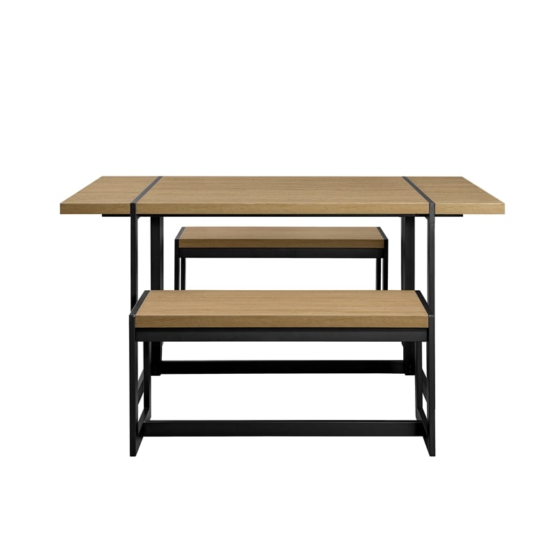 Pemberly Row 3Pcs Wood Industrial Dining Set w/2 Benches in Coastal Oak/Black
