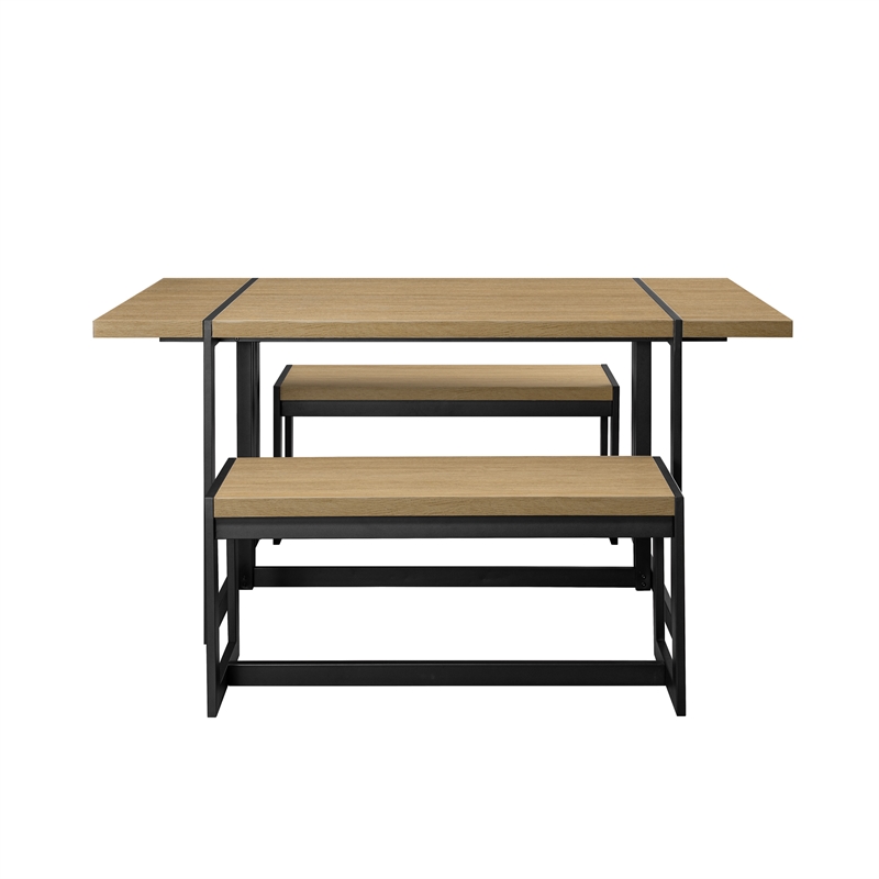 Pemberly Row 3Pcs Wood Industrial Dining Set w/2 Benches in Coastal Oak/Black