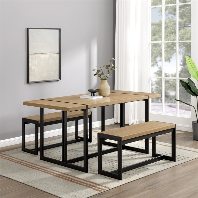 Pemberly Row 3Pcs Wood Industrial Dining Set w/2 Benches in Coastal Oak/Black