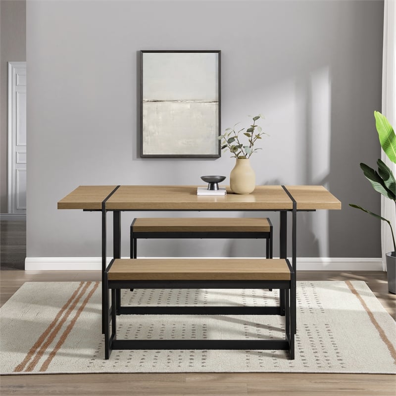 Pemberly Row 3Pcs Wood Industrial Dining Set w/2 Benches in Coastal Oak/Black
