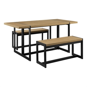 Pemberly Row 3Pcs Wood Industrial Dining Set w/2 Benches in Coastal Oak/Black