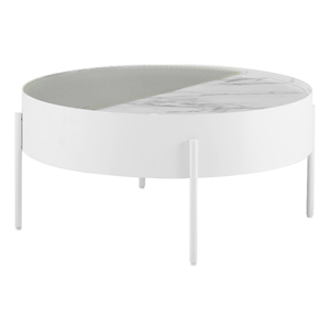 Pemberly Row 33&quot Drum Wood Coffee Table w/ Sliding Top - White Calacatta Marble