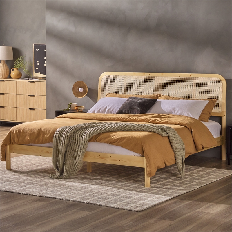 Pemberly Row Rattan Headboard Solid Wood King Bedframe - Natural