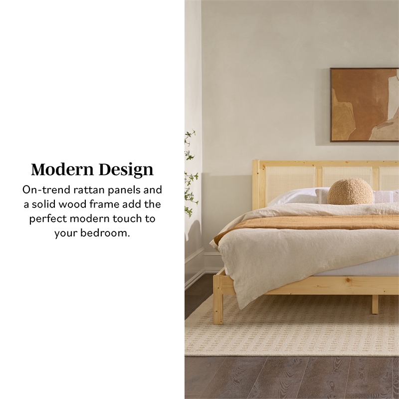 Pemberly Row Solid Wood Rattan Headboard King Bedframe - Natural