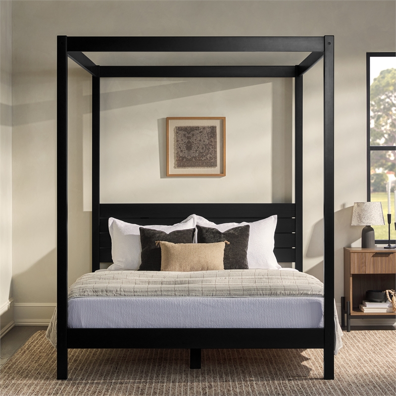 Pemberly Row Solid Wood Minimalist Boho Queen Canopy Bed - Black