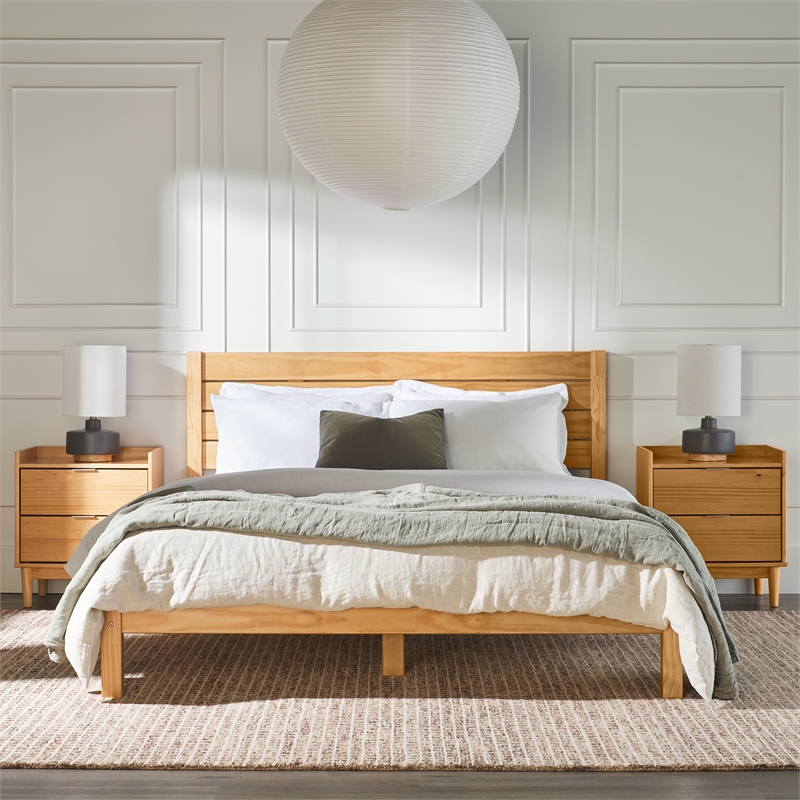 Pemberly Row Solid Wood Minimalist Boho Queen Bed - Natural Pine