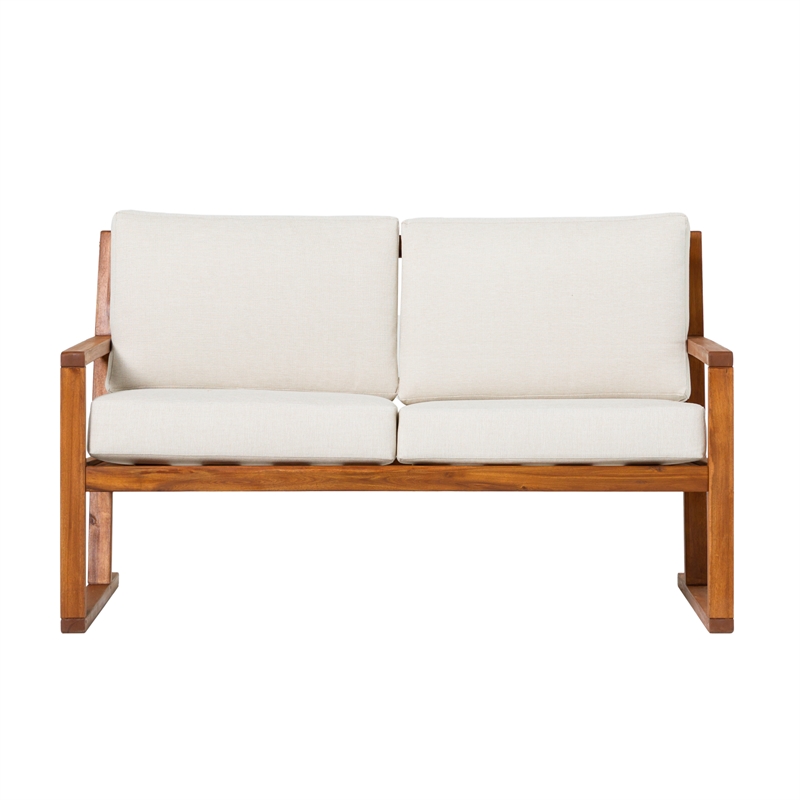 Pemberly Row Modern Slat Back Solid Wood Loveseat in Brown Finish