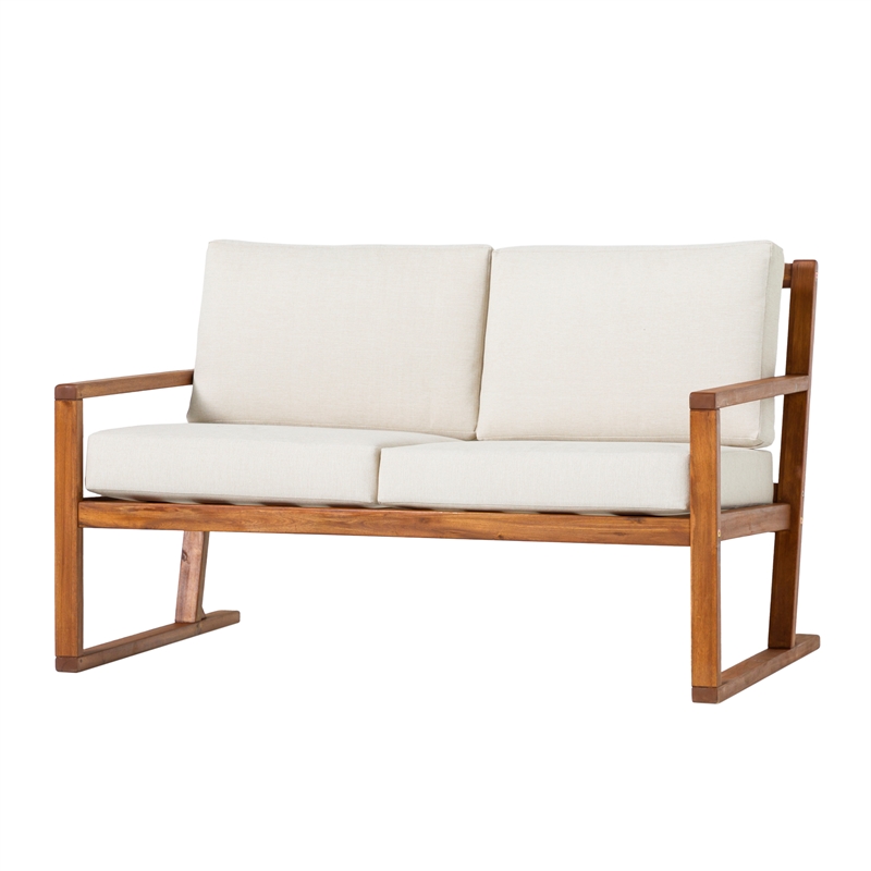 Pemberly Row Modern Slat Back Solid Wood Loveseat in Brown Finish