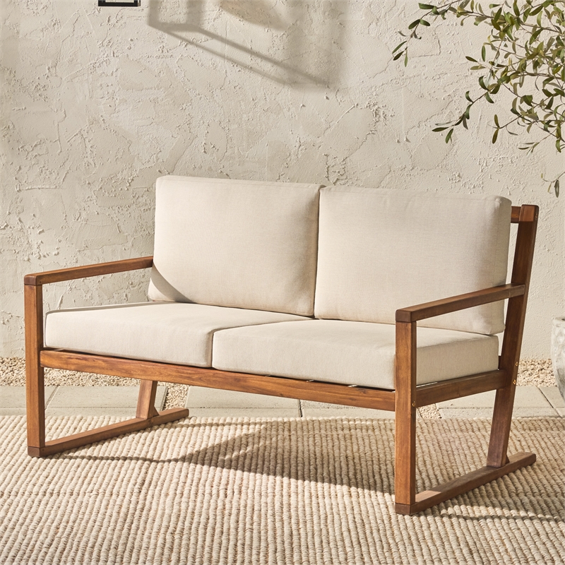 Pemberly Row Modern Slat Back Solid Wood Loveseat in Brown Finish