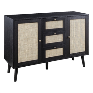 Pemberly Row 47&quot Solid Wood and Rattan 3-Drawer Sideboard - Black