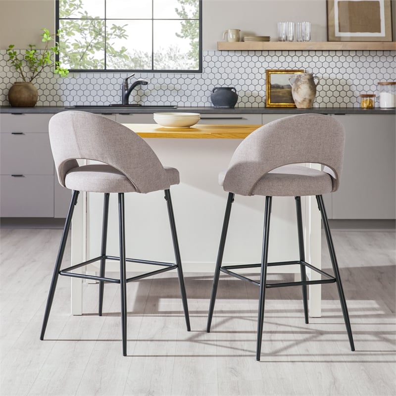 Pemberly Row Metal Upholstered Bar Stool with Rounded Back in Off White