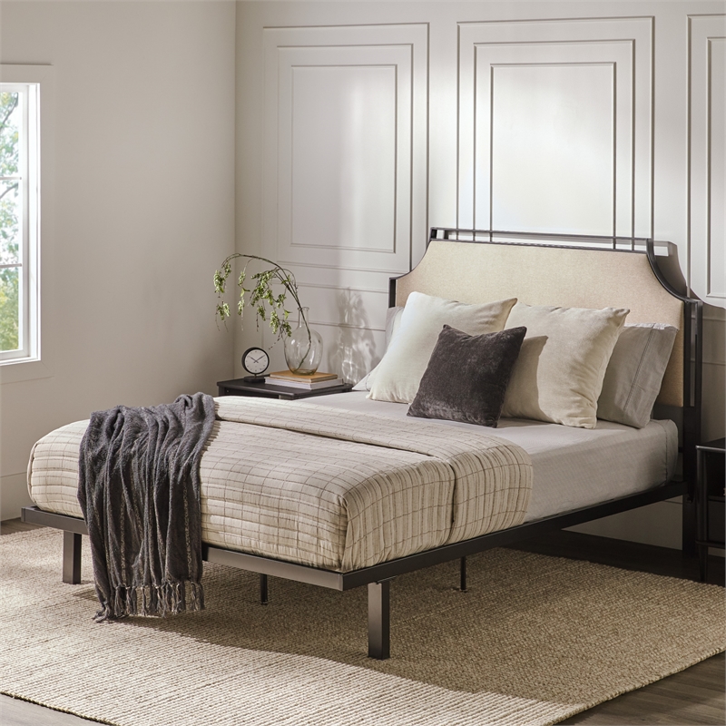 Pemberly Row Upholstered Transitional Metal Queen Size Bed in Tan