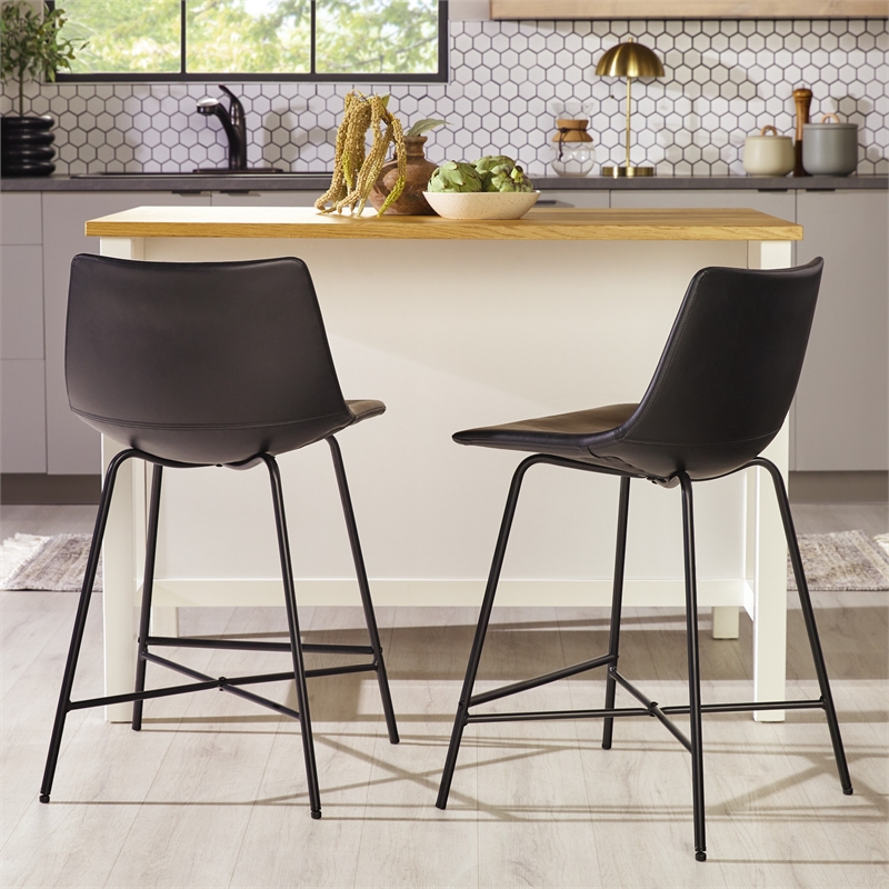Pemberly Row Upholstered Metal Counter Stool with X Base in Black
