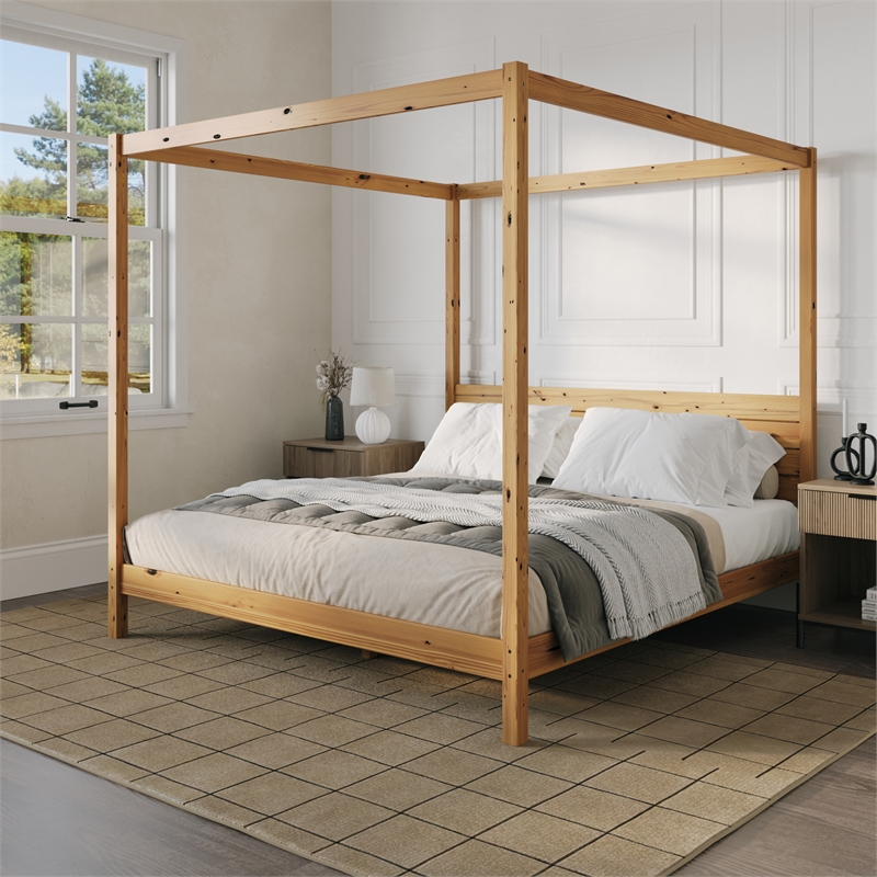 Pemberly Row Wood King Size Canopy Bed with Slatted Headboard in Natural