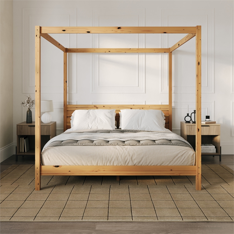 Pemberly Row Wood King Size Canopy Bed with Slatted Headboard in Natural