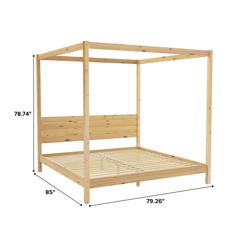 Pemberly Row Wood King Size Canopy Bed with Slatted Headboard in Natural