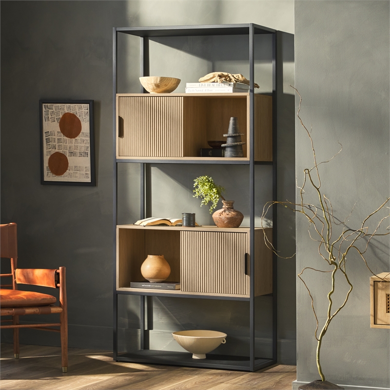 Pemberly Row Tall Wood Bookcase with Closed and Open Storage - Oak/ Black