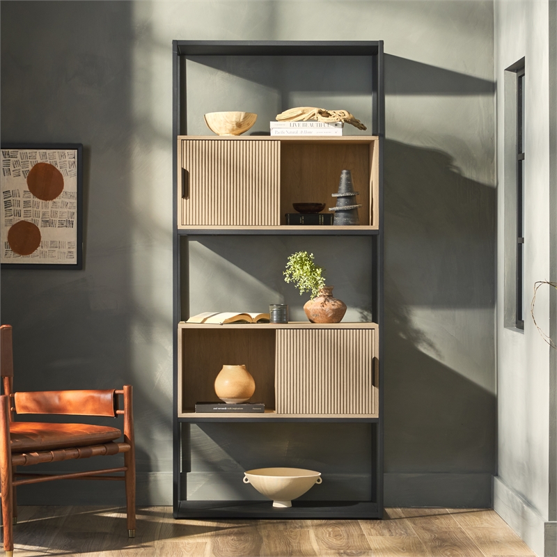 Pemberly Row Tall Wood Bookcase with Closed and Open Storage - Oak/ Black